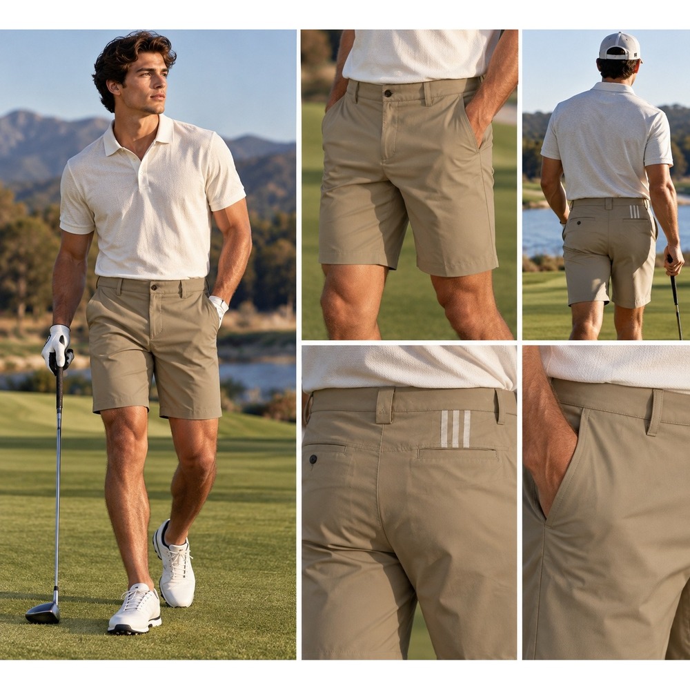 Adidas Golf Shorts Size 34 Khaki Tan Climalite 3-Stripe Flat Front *Flaw #1720